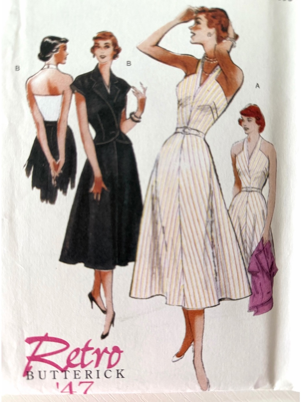 1947 retro flared skirt, halter dress, jacket, & belt Butterick sewing pattern